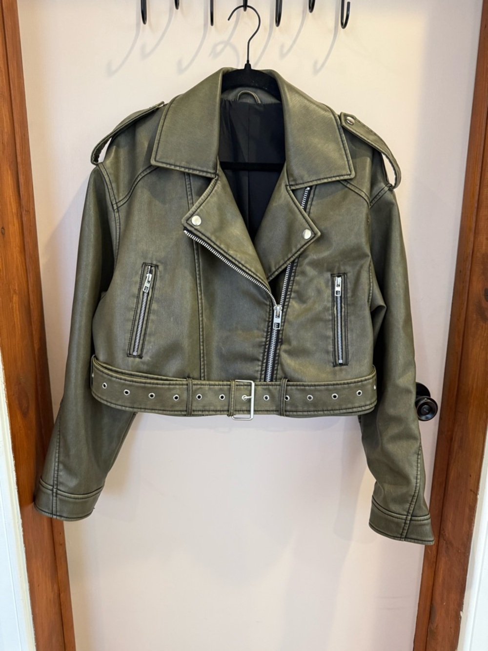 Dark Olive Green Cropped Moto Leather Jacket with Belt